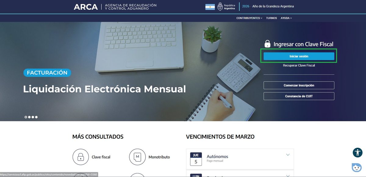 Inicio de ARCA con el botón Iniciar sesión
