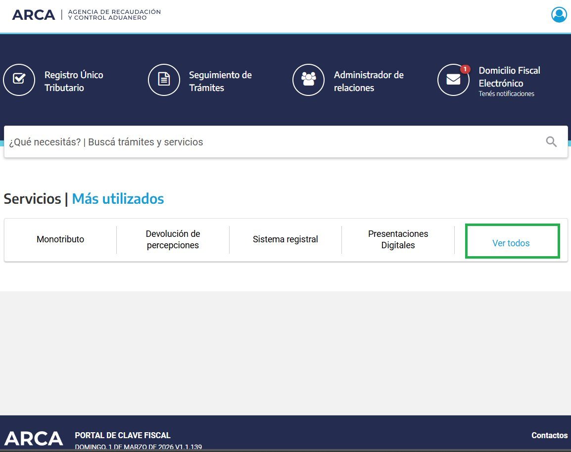 Portal de ARCA con el enlace Ver todos