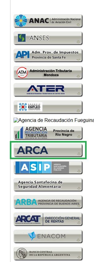 Lista de organismos con ARCA seleccionado