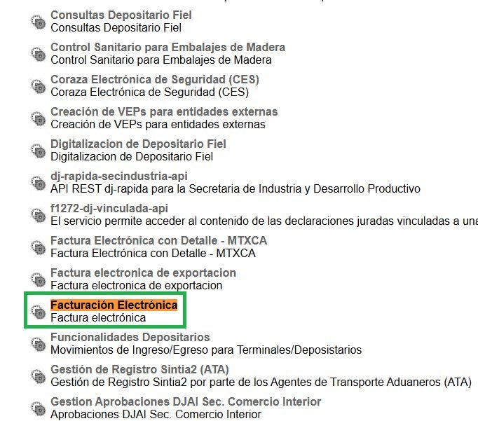 Servicio Facturación Electrónica en la lista de web services