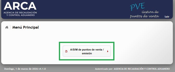 Menú principal con la opción A/B/M de puntos de venta