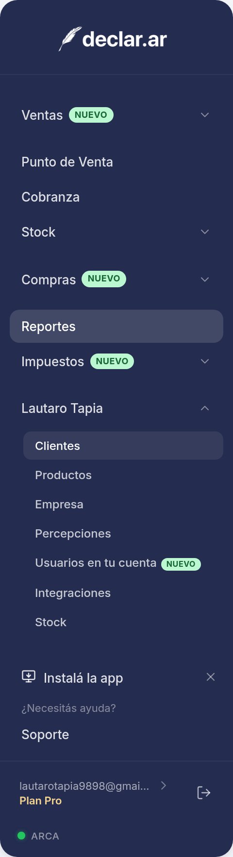 Pantalla del panel de declar.ar